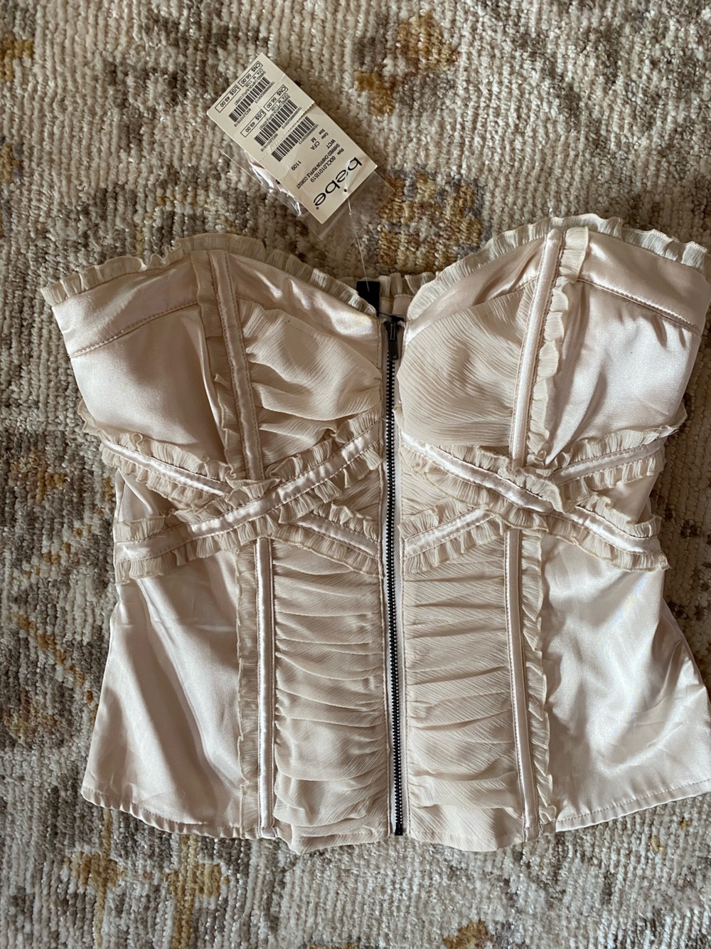 bebe Cream Ruffle Detail Satin Camisole corset silk rare gorgeous